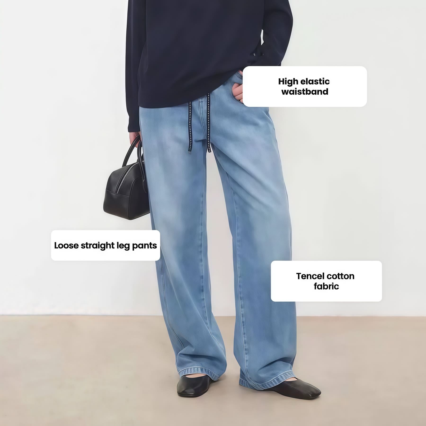 Blue straight-leg trousers shown with styling details