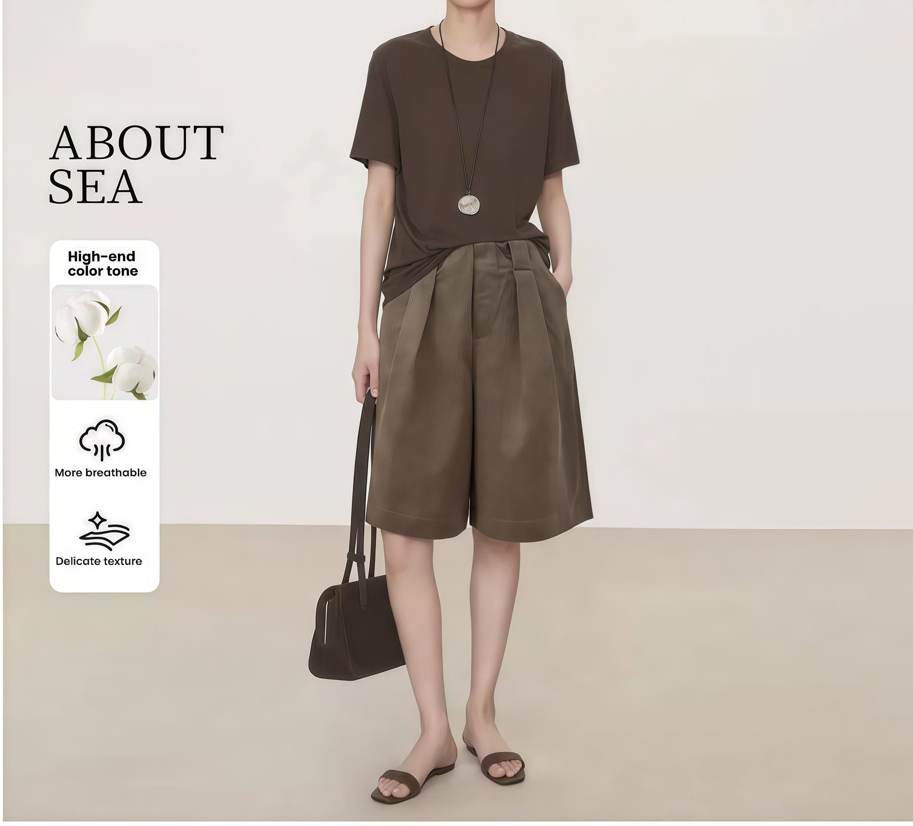 Brown short-sleeve top and shorts shown with construction detail callouts